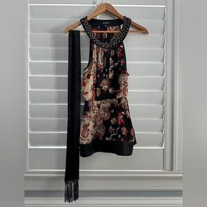 Bebe Black, Tan and Red Floral Halter Top